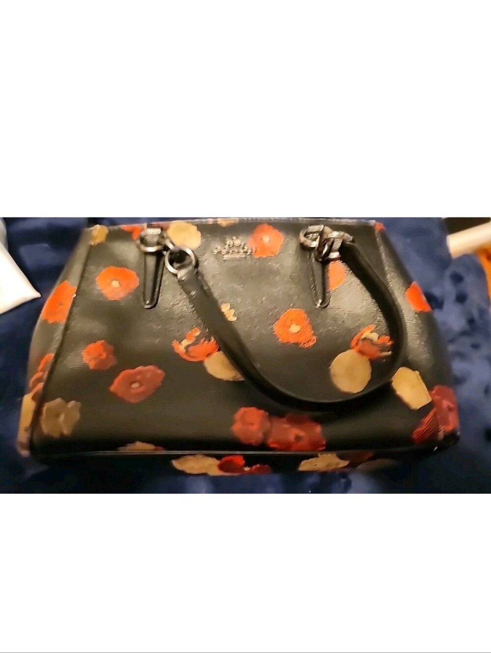 COACH Black Leather Satchel with Orange & Cream Floral Print - Picture 5 of 6